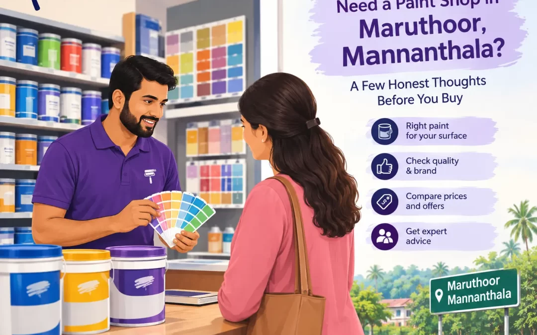 Paint shop in Maruthoor, Mannanthala with colorful paint cans, shade cards, and a customer discussing paint options with a shop representative.