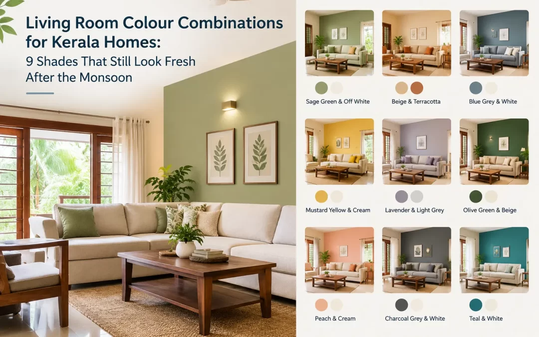Living room colour combinations for Kerala homes featuring nine fresh shades, including sage green, beige, blue grey, mustard yellow, lavender, olive green, peach, charcoal grey, and teal, ideal for a refreshing post-monsoon look.