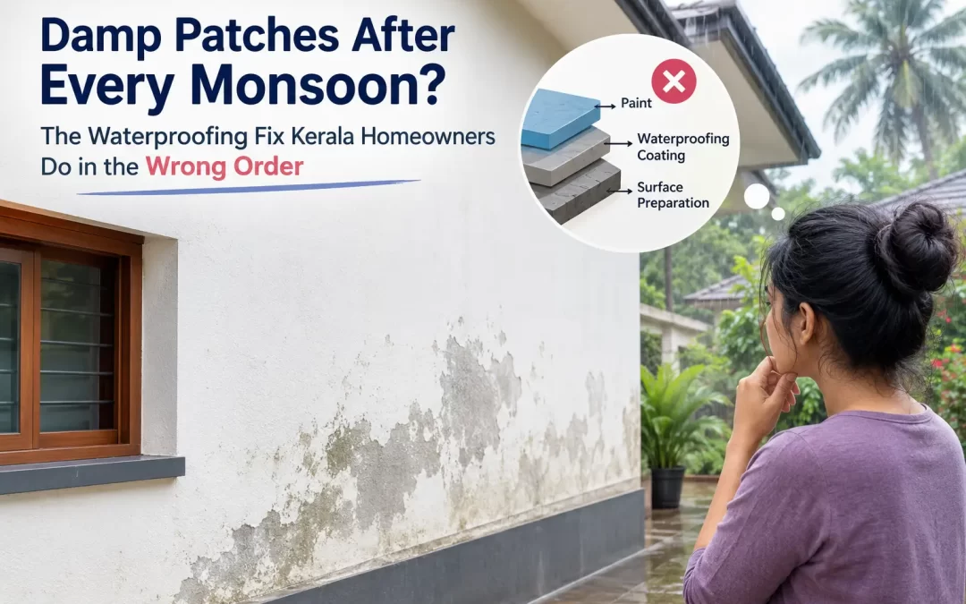 Damp patches and peeling paint on a Kerala home's exterior wall after the monsoon, highlighting the importance of correct waterproofing methods.