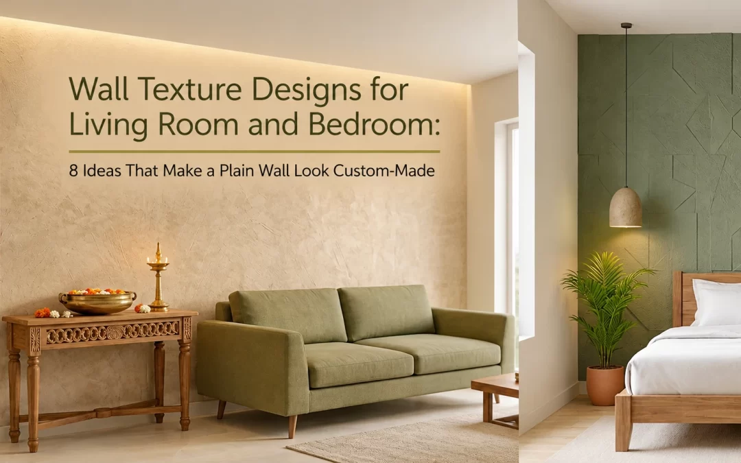 A modern Indian home interior split view showcasing a warm beige textured plaster living room wall with a green sofa and console table, alongside a cosy green geometric relief bedroom corner.